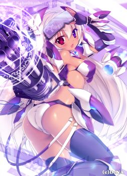 1girl adjusting_clothes adjusting_headwear ass bad_id bad_pixiv_id bare_shoulders black_thighhighs breasts dark-skinned_female dark_skin elbow_gloves fingerless_gloves gatling_gun gloves goggles gun headgear heads-up_display heterochromia highres kaho_okashii long_hair magic_circle medium_breasts original purple_eyes red_eyes thighhighs user_interface very_long_hair weapon