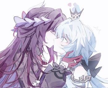 2girls black_bow blue_eyes blush bow cerydra_(honkai:_star_rail) closed_eyes commentary corrupted_twitter_file crown gloves hair_bow hand_on_another&#039;s_face highres honkai:_star_rail honkai_(series) hysilens_(honkai:_star_rail) kiss long_hair multiple_girls nekooooowo purple_gloves purple_hair simple_background symbol-only_commentary upper_body white_background white_hair yuri