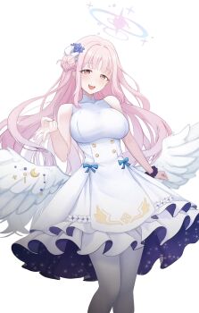 Rule 34 | 1girl, :d, black scrunchie, blue archive, blue bow, blue flower, blunt bangs, blush, bow, breasts, bright pupils, buttons, commentary request, double-breasted, dress, dress bow, eyelashes, feathered wings, feet out of frame, floating hair, flower, frilled dress, frills, hair bun, hair flower, hair ornament, halo, happy, highres, korean commentary, large breasts, long hair, looking at viewer, low wings, mako draw01, mika (blue archive), open mouth, pantyhose, pink hair, pink halo, scrunchie, sidelocks, simple background, single side bun, sleeveless, sleeveless dress, smile, solo, standing, teeth, upper teeth only, v, very long hair, white background, white dress, white pantyhose, white pupils, white wings, wings, wrist scrunchie, yellow eyes