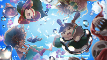 Rule 34 | 3girls, arika, brown eyes, brown hair, character request, dark-skinned female, dark skin, fighting ex layer, hair ornament, hair ribbon, highres, holding, holding umbrella, knitty (technictix), long hair, multiple boys, multiple girls, nanase (arika), official art, official wallpaper, open mouth, ponytail, pullum purna, rain (technictix), ribbon, skullomania, smile, technictix, umbrella