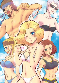 1boy 4girls amanda_valenciano_libre artist_request banana bandaged_arm bandages bandana big_boss bikini blonde_hair breasts brown_hair cecile_cosina_caminades eyepatch food fruit heart heart_hands large_breasts lotion metal_gear_(series) metal_gear_solid:_peace_walker multiple_girls paz_ortega_andrade short_hair small_breasts strangelove sunglasses swimsuit