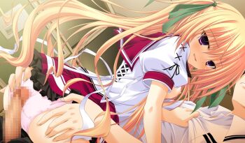 1boy 1girl ass ass_grab blonde_hair breasts buttjob buttjob_over_clothes censored game_cg grinding hetero jinguuji_yui klein_(sao) panties penis purple_eyes school_uniform skirt sora_to_kumo_to_kimi_no_koi_/_sorakumo suien umyonge_(lkakeu) underwear upskirt
