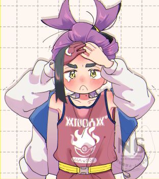 :c black_hair blush commentary_request frown gloves grid_background hands_on_own_head highres jacket kieran_(pokemon) long_sleeves mole mole_on_neck multicolored_hair nintendo open_clothes open_jacket poke_ball_print pokemon pokemon_sv purple_hair red_gloves red_tank_top single_glove solo tank_top tears umaikushi upper_body white_jacket yellow_eyes