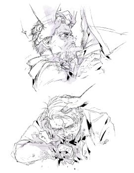 2boys abs ace_visconti after_fellatio asymmetrical_hair beard blush collared_shirt cropped_torso cum cum_in_mouth dead_by_daylight facial_hair fellatio from_above from_side furrowed_brow greyscale groin hand_on_another&#039;s_head head_grab highres hunched_over irrumatio jacket kawarayane long_sleeves male_focus male_pubic_hair mature_male monochrome motion_lines multiple_boys multiple_views mustache navel_hair open_clothes open_mouth open_pants open_shirt oral pants penis profile pubic_hair shirt short_hair sideburns sketch speech_bubble sweat very_short_hair yaoi