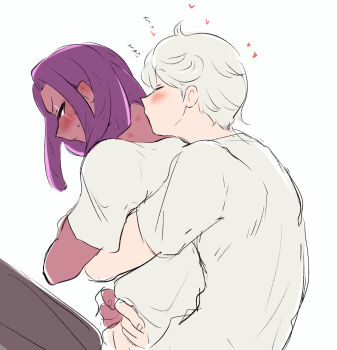 2boys arms_wrapped_around_partner behind_another blush closed_eyes colored_skin cookie_run curly_hair ear_blush facial_mark furrowed_brow hickey hickey_marks hickeys hickeys_on_neck highres hug hug_from_behind humanization kiss kissing_neck looking_at_another looking_back male_focus markings medium_hair milk_cookie multiple_boys niwa_(niwa827) pale_skin purple_eyes purple_hair purple_skin purple_yam_cookie shirt short_hair short_sleeves sidelocks tagme tsundere white_hair white_shirt white_skin yaoi