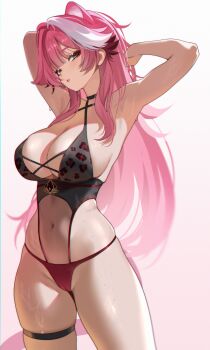 1girl absurdres animal_ears animal_print armpits arms_up bikini black_bikini black_choker breasts choker cleavage commentary criss-cross_halter extra_ears eyeshadow gradient_background hair_intakes halterneck highres hololive hololive_english large_breasts leopard_print leopard_print_bikini long_hair makeup multicolored_hair navel panther_ears panther_girl panther_tail pink_background pink_bikini pink_hair pink_lips pink_tail print_bikini raituna raora_panthera red_eyeshadow solo streaked_hair swimsuit tail thigh_strap thighs virtual_youtuber white_background white_hair yellow_eyes