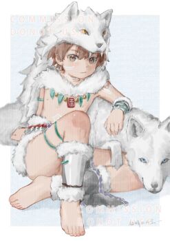 1boy animal animal_hood bare_legs barefoot border brown_hair chinese_commentary closed_mouth commentary_request commission facial_mark full_body fur_trim hood horkargath male_focus nipples non-web_source original short_hair signature solo wolf