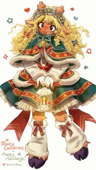 1girl alternate_costume an-coinin animal_ears animal_nose antlers artist_name bell blonde_hair bow bow_hairband bow_legwear brown_eyes buck_teeth candle capelet commentary curly_hair deer_ears deltarune dress english_commentary frilled_hairband frills full_body fur-trimmed_capelet fur-trimmed_dress fur_trim gloves green_bow green_capelet green_dress green_hairband hair_bow hair_ornament hairband happy_holidays heart highres holding holding_lantern horns lantern leg_warmers long_hair long_sleeves looking_ahead merry_christmas neck_bell noelle_holiday open_mouth pleated_dress red_bow reindeer_antlers reindeer_girl simple_background smile solo standing star_(symbol) star_hair_ornament star_hairband teeth utdr_(toby_fox) white_background white_gloves white_leg_warmers