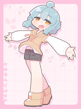 1girl absurdres ahoge black_shorts border commentary_request fang full_body grid_background highres hood hoodie long_sleeves navel open_mouth original outstretched_arms shorts solo torotein yellow_hoodie