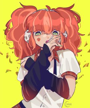 1girl absurdres alternate_costume bright_pupils buttons candy chaie commentary confetti eyelashes facial_mark fingernails food fruit green_eyes green_nails highres kyokugen_dasshutsu kyokugen_dasshutsu:_9_jikan_9_nin_9_no_tobira lollipop nail_polish plaid_clothes red_hair shirt short_sleeves simple_background solo strawberry symbol-only_commentary twintails upper_body white_pupils white_shirt yellow_background yotsuba_(kyokugen_dasshutsu)