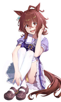 1girl absurdres agnes_tachyon_(umamusume) ahoge animal_ears bow brown_hair brown_shoes commentary_request highres horse_ears horse_girl horse_tail iqwe knees_up loafers looking_at_viewer messy_hair open_mouth panties pantyshot puffy_short_sleeves puffy_sleeves purple_bow purple_shirt red_eyes sailor_collar school_uniform shadow shirt shoes short_hair short_sleeves simple_background sitting skirt smile solo summer_uniform tail thighhighs tracen_school_uniform umamusume underwear white_background white_skirt white_thighhighs yellow_panties