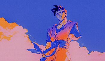 1boy black_hair cloud domu_(hamadura) dragon_ball golden_hour grin happy missing_limb sky smile solo son_gohan son_gohan_(future) spiked_hair