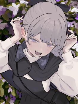 1girl absurdres arms_up bag black_bag black_bow black_shawl blush bow floral_background flower grey_eyes grey_hair highres lapwing_(vrchat) long_hair long_sleeves looking_at_viewer open_mouth ponytail purple_flower shawl shoulder_bag solo teeth tohu_sand tongue upper_body vrchat white_sleeves