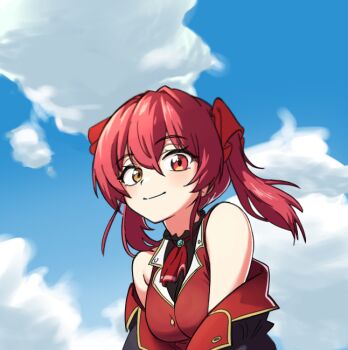 1girl ascot bare_shoulders breasts closed_mouth cloud cloudy_sky commentary day hair_between_eyes hair_ribbon heterochromia hololive houshou_marine houshou_marine_(1st_costume) jacket kimbak_(kyh9964) large_breasts long_hair looking_at_viewer no_eyepatch outdoors red_ascot red_eyes red_hair red_jacket red_ribbon ribbon sky sleeveless sleeveless_jacket smile solo twintails upper_body virtual_youtuber yellow_eyes