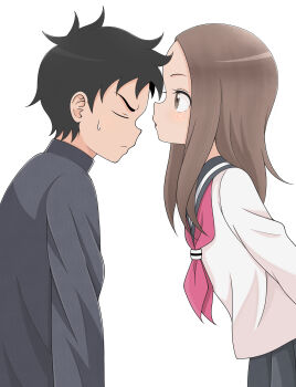 Rule 34 | 1boy, 1girl, absurdres, bad id, bad pixiv id, black hair, blue sailor collar, blush, brown eyes, brown hair, closed eyes, commentary request, forehead, highres, ito kashiwamochi, karakai jouzu no takagi-san, long hair, neckerchief, nishikata, sailor collar, school uniform, serafuku, simple background, skirt, sweat, takagi-san, white background