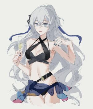 1girl alcohol bare_shoulders bikini black_bikini black_nails blue_sarong breasts bronya_zaychik bronya_zaychik_(silverwing:_n-ex) bronya_zaychik_(summer_2022) champagne champagne_flute cup drinking_glass grey_eyes grey_hair highres holding holding_cup honkai_(series) honkai_impact_3rd large_breasts long_hair momo364909 navel official_alternate_costume parent.10000096 sarong solo stomach swimsuit very_long_hair