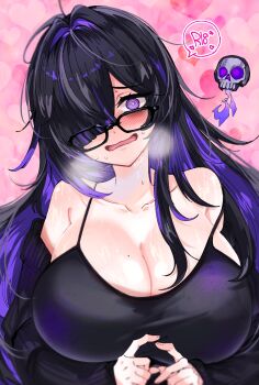 1girl @_@ absurdres bags_under_eyes black-framed_eyewear black_cardigan black_dress black_hair blush breasts breath cardigan cleavage colored_inner_hair commentary_request dimjh dress floating_skull glasses goddess_of_victory:_nikke hair_over_one_eye heart heart_background highres label_(nikke) large_breasts long_hair looking_at_viewer mojyo mole mole_on_breast multicolored_hair purple_eyes purple_hair purple_streaks smile solo speech_bubble sweat two-tone_hair