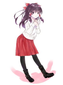 1girl black_boots black_pantyhose boots bow brown_eyes brown_hair commentary_request contemporary frilled_bow frilled_hair_tubes frills full_body hair_bow hair_tubes hakurei_reimu highres interlocked_fingers long_hair looking_at_viewer minatsuki_yurara open_mouth own_hands_together pantyhose polka_dot polka_dot_skirt red_bow red_skirt simple_background skirt solo sweater touhou white_background white_sweater