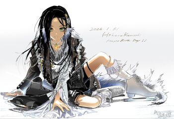 Rule 34 | 1girl, asymmetrical sleeves, black hair, black shorts, collarbone, commentary request, dated, english text, expressionless, frilled sleeves, frilled socks, frills, full body, glint, gold pendant, hairband, hand on floor, happy birthday, highres, ice skates, jewelry, kamisaki hikaru, long hair, looking at viewer, medalist (manga), necklace, official artist extra, pearl necklace, shoelaces, shoes, shorts, signature, skates, socks, solo, sparkle, tail, tsuruma ikada, white shoes, white socks, wolf tail, yellow eyes