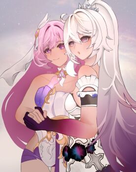 Rule 34 | 2girls, ahoge, bare shoulders, black shorts, breasts, commentary request, corset, diamond-shaped pupils, diamond (shape), dress, elysia (herrscher of human: ego) (honkai impact), elysia (honkai impact), hair ornament, highres, holding hands, honkai (series), honkai impact 3rd, kiana kaslana, kiana kaslana (herrscher of finality), large breasts, long hair, multiple girls, nanakoio, pink hair, ponytail, portuguese commentary, purple eyes, purple hair, purple hands, short shorts, shorts, sky, symbol-shaped pupils, tiara, very long hair, white corset, white dress, yuri