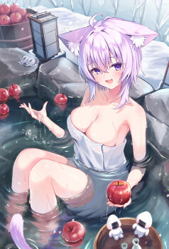 Rule 34 | 1girl, :d, absurdres, ahoge, animal ear fluff, animal ears, apple, bathing, breasts, cat ears, cat girl, cat tail, cleavage, commentary request, crossed bangs, double-parted bangs, food, fruit, hair between eyes, highres, holding, holding food, holding fruit, hololive, knees up, large breasts, looking at viewer, naked towel, nekomata okayu, onigirya (nekomata okayu), onsen, open mouth, outdoors, partially submerged, purple eyes, purple hair, short hair, sitting, smile, solo, tail, togemaru34, towel, virtual youtuber, water, wet