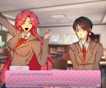 2girls alien_stage anniqx arm_up black_hair blazer breasts character_name classroom collared_shirt commentary dialogue_box doki_doki_literature_club doki_doki_literature_club_school_uniform english_commentary english_text grey_jacket highres jacket long_hair mizi_(alien_stage) multiple_girls neck_ribbon one_eye_closed open_mouth pink_hair ponytail purple_eyes red_ribbon ribbon school_uniform shirt smile sua_(alien_stage) very_long_hair white_shirt yellow_eyes