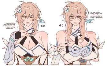 1girl arm_armor bags_under_eyes bare_shoulders black_gloves blonde_hair blush breasts cleavage closed_mouth commentary crossed_arms detached_sleeves dress english_commentary english_text feather_hair_ornament feathers fingerless_gloves flower genshin_impact gloves hair_between_eyes hair_flower hair_ornament hand_up highres large_breasts lips long_sleeves looking_at_viewer lumine_(genshin_impact) majunjuu multiple_views orange_eyes scar short_hair sidelocks simple_background sleeveless sleeveless_dress smile upper_body v-shaped_eyebrows white_background white_dress white_flower white_sleeves