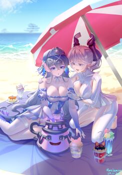 2girls absurdres alternate_costume artist_name beach beach_umbrella blue_eyes breasts cleavage collarbone commentary_request cupsie_yummy dated demon_girl demon_horns detached_sleeves drill_hair drinking_straw duel_monster earrings fins fish_girl food grey_eyes grey_hair hair_between_eyes hair_ornament hand_on_another&#039;s_shoulder head_fins highres horns ice_cream jewelry kitkallos_(yu-gi-oh!) large_breasts long_hair looking_at_another lovely_labrynth_of_the_silver_castle multiple_girls navel open_mouth plate pointy_ears primeval_planet_perlereino pudding puffy_sleeves rare_lemon short_sleeves silver_tiara sitting smile spoon stomach tearlaments_kitkallos thighhighs twin_drills umbrella very_long_hair white_thighhighs yokozuwari yu-gi-oh! yuri