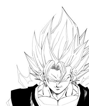 1boy dougi dragon_ball dragonball_z earrings electricity fenyon highres jewelry male_focus monochrome muscular muscular_male potara_earrings simple_background smirk solo spiked_hair super_saiyan super_saiyan_1 vegetto white_background