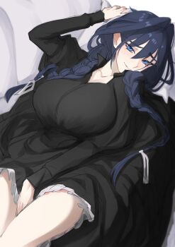 absurdres arms_up bare_legs between_legs black_dress blue_eyes blue_hair blush braid commentary dress hand_between_legs highres hololive hololive_english hunk_404 long_hair lying ouro_kronii ouro_kronii_(maid) symbol-only_commentary twin_braids