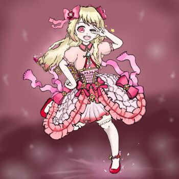 1girl ;d artistic_error blonde_hair chaos_marie_(grimms_notes) cleavage_cutout clothing_cutout full_body grimms_notes highres long_hair looking_at_viewer one_eye_closed open_mouth pink_eyes puffy_short_sleeves puffy_sleeves red_shoes shoes short_sleeves smile solo teeth tongue upper_teeth_only yubiman8887