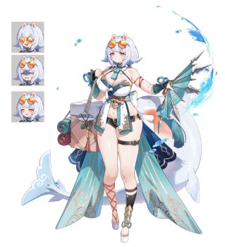 1girl absurdres breasts cetacean_tail chart cleavage curvy dorsal_fin expression_chart eyewear_on_head fins fish_tail full_body glasses highres large_breasts multiple_expressions nabezuru navel open-toe_shoes original sad skindentation smile sunglasses tail thick_arms thick_thighs thigh_strap thighs tinted_eyewear water