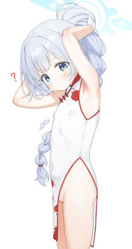 1girl ? aak absurdres adjusting_hair armpits arms_up bare_arms blue_archive blue_eyes blush braid censored cherino_(blue_archive) cherino_(qipao)_(blue_archive) china_dress chinese_clothes commentary covered_navel dot_nose dress facing_to_the_side fake_facial_hair fake_mustache from_side gloves grey_hair halo heart heart_censor highres legs_together loli long_hair looking_at_viewer no_panties pussy pussy_peek simple_background sleeveless sleeveless_dress solo standing white_background white_dress white_gloves