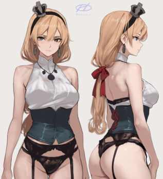 Rule 34 | 1girl, artist logo, ass, black hairband, black panties, blonde hair, collared shirt, commentary request, corset, crown, dress shirt, from behind, garter belt, garter straps, grey background, grey corset, grey hair, hairband, haruto (harut n), kantai collection, logo, long hair, looking at viewer, low-tied long hair, mini crown, multiple views, panties, shirt, sleeveless, sleeveless shirt, thong, underwear, valiant (kancolle), white shirt