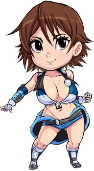 breasts brown_eyes brown_hair chibi cleavage clothes_around_waist gluteal_fold jacket jacket_around_waist japanese_(nationality) kazama_asuka large_breasts short_hair short_shorts shorts teevo tekken zipper_pull_tab