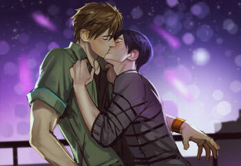 Rule 34 | 2boys, adam's apple, against railing, black hair, brown hair, clothes grab, commentary request, free!, green shirt, kiss, male focus, mistermagnolia, multiple boys, nanase haruka (free!), railing, shirt, shirt grab, short hair, short sleeves, striped clothes, striped shirt, tachibana makoto, upper body, wristband, yaoi