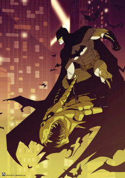 1boy artist_name bat_(animal) batman batman_(series) batman_symbol belt black_boots black_cape black_gloves bodysuit boots building cape city closed_mouth commentary cowl dc_comics english_commentary gargoyle gloves grey_bodysuit male_focus mask muscular muscular_male muted_color night outdoors solo standing_on_object superhero_costume taut_bodysuit utility_belt watermark web_address western_comics_(style) yehuda_devir