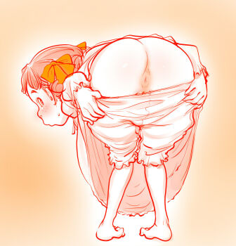 1girl anus anus_only ass barefoot bent_over bloomers bloomers_pull blush bow cleft_of_venus female_focus freckles from_behind hair_bow johanna_von_trapp loli looking_back mooning pussy pussy_peek riarutoruchokku shiny_skin solo standing trapp_ikka_monogatari twintails underwear world_masterpiece_theater