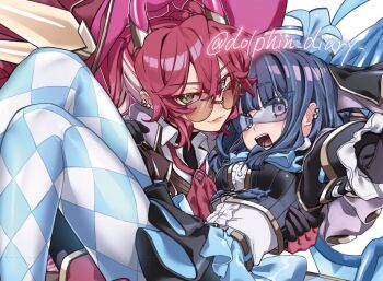 2girls black_jacket black_skirt blue-tinted_eyewear blue_eyes blue_hair blue_pantyhose carrying duel_monster evil_twin_ki-sikil evil_twin_lil-la green_eyes iruka_no_kasa_(dolphin_diary) jacket ki-sikil_(yu-gi-oh!) lil-la_(yu-gi-oh!) long_hair miniskirt multiple_girls pantyhose princess_carry red-tinted_eyewear red_hair round_eyewear shirt short_hair skirt sunglasses tinted_eyewear twintails white_pantyhose white_shirt yu-gi-oh!