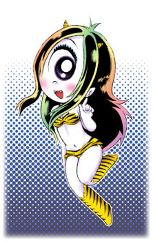 1girl 4kaku3kaku ahoge animal_print ben-day_dots bikini black_eyes black_hair blue_background blush boots breasts cleavage colored_skin cosplay crossover cyclops demon_girl demon_horns fangs floating horns index_finger_raised iris_(ruby_gloom) knee_boots long_hair looking_at_viewer lum lum_(cosplay) multicolored_hair navel one-eyed oni open_mouth orange_bikini orange_boots pointy_ears polka_dot polka_dot_background print_bikini print_boots rainbow_hair ruby_gloom screentones small_breasts smile swimsuit tiger_print urusei_yatsura white_skin