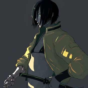 1girl bikini breasts green_eyes katana nicola_suke prosthesis small_breasts swimsuit sword tagme weapon