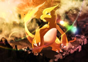 absurdres alternate_color blurry blurry_background charmeleon claws closed_mouth commentary_request fire flame-tipped_tail full_body gen_1_pokemon grey_eyes highres looking_to_the_side nintendo no_humans omega_takai outdoors pokemon pokemon_(creature) shiny_pokemon solo standing tail