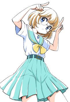 Rule 34 | 1girl, aozora middle school uniform, aqua belt, belt, belt buckle, blue eyes, blue sailor collar, blue skirt, brown hair, buckle, closed mouth, commentary, cowboy shot, glasses, head tilt, highres, horns pose, ichinose minori, looking at viewer, neckerchief, pleated skirt, precure, round eyewear, sailor collar, school uniform, serafuku, shirt, short hair, short sleeves, simple background, skirt, solo, standing, tropical-rouge! precure, uraki, white background, white shirt, yellow neckerchief