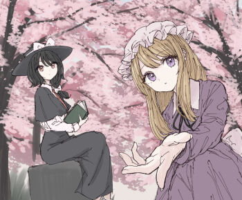 2girls black_hair black_hat black_ribbon black_skirt blonde_hair book bow cherry_blossoms closed_mouth collar dress dress_ribbon hair_between_eyes hair_bow hat hat_bow holding holding_book kashiwada_kiiho long_dress long_skirt long_sleeves looking_at_another looking_at_viewer maribel_hearn medium_hair mob_cap multiple_girls open_mouth outdoors purple_dress purple_eyes reaching reaching_towards_viewer red_eyes ribbon shirt short_hair sitting skirt sleeve_cuffs squatting touhou usami_renko white_bow white_collar white_hat white_shirt