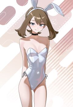 1girl absurdres animal_ear_hairband animal_ears arms_behind_back artist_name bare_shoulders black_choker blue_eyes breasts brown_hair choker closed_mouth covered_navel cowboy_shot earrings fake_animal_ears hairband highres hip_bones jewelry looking_at_viewer may_(pokemon) nintendo otokakoto playboy_bunny pokemon pokemon_oras rabbit_ear_hairband rabbit_ears small_breasts solo standing stud_earrings twintails