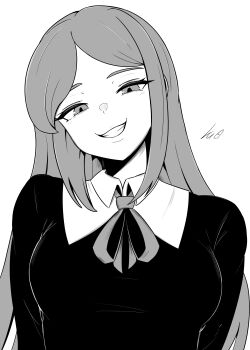 1girl absurdres breasts commentary commission english_commentary eyebrows_hidden_by_hair greyscale grin head_tilt highres long_hair lughost medium_breasts monochrome neck_ribbon original ribbon signature simple_background smile solo upper_body white_background