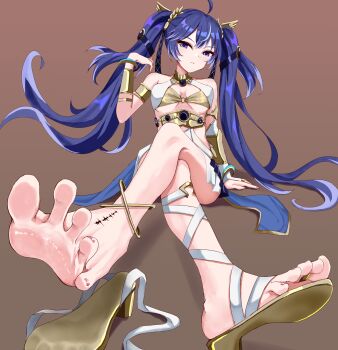 1girl absurdres barefoot blue_eyes blue_hair crossed_legs feet highres iberiko_(soinesitai) iuno_(wuthering_waves) long_hair looking_at_viewer sandals shoes soles toes twintails unworn_sandals unworn_shoes wuthering_waves