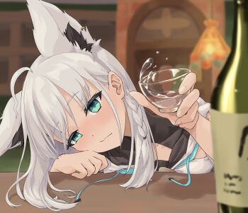 1girl ahoge alcohol animal_ears aqua_eyes bottle braid cheek_rest choko_(cup) commentary_request cup drinking_glass drunk earrings extra_ears fox_ears fox_girl hair_behind_ear highres holding holding_cup hololive indoors jewelry leaning_forward light_blush shirakami_fubuki shirakami_fubuki_(1st_costume) side_braid single_braid single_earring solo splashing takino_(taji_tlstd) virtual_youtuber white_hair