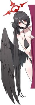 absurdres bikini black_bikini black_hair black_wings blue_archive blush breasts choker collarbone commentary_request dalgam12 halo highres korean_commentary large_breasts peeking_out red_eyes red_halo swimsuit wings