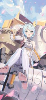 1girl 1other ammunition_pouch bare_shoulders blue_eyes blue_hair blush clothing_cutout feet foot_blush formal_clothes gloves hair_ornament hairpin highres humanoid_robot latex_pants mechanical_arms open_mouth petals pouch robot see-through_dress_layer seed_(zenless_zone_zero) seed_sr. side_cutout sitting smile suit tem_(tempainting1) thigh_cutout thumbs_up toeless_legwear toeless_socks toes white_gloves white_suit zenless_zone_zero